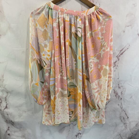 Rose + Olive Shirt Womens 1X Pink Gold Blouse Popover Retro Hippie Flower 70s - Picture 5 of 11